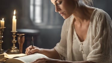a woman studying a bible at a table