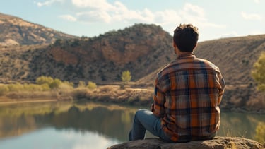 Contemplating a Tranquil Lake Amid Rugged Mountains