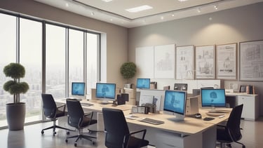 a modern office with a desk and a computer
