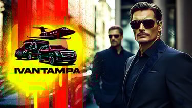 a man in a suit and sunglasses with a plane in the background