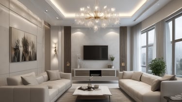 A minimalist interior design features a wooden table with a dark placemat, a glass vase holding green pine branches, a tall glass candle holder without a candle, and two modern overhead pendant lights. The background includes a dim, softly lit room with a blue curtain covering a window.