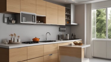 A tablet displaying a collection of interior design photos, showcasing rooms bathed in warm sunlight. The images feature modern, stylish living spaces with large windows, cozy seating, and decorative elements.