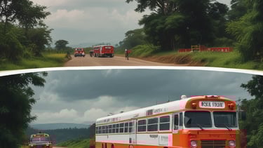 A colorful bus and an orange truck are traveling along a rural road with greenery on either side and a cloudy sky above. The bus has distinctive red and white markings and is labeled with 'Patas VIP' and 'Bintang Utara', while the truck is loaded and covered with a protective sheet.