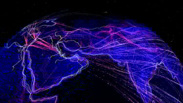 Bunte abstrakte Visualisierung des globalen Datenflusses über Asien und Umgebung.