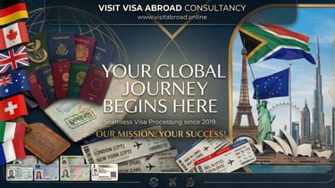 Travel consultancy banner: 'YOUR GLOBAL JOURNEY BEGINS HERE' with international passports, flags.
