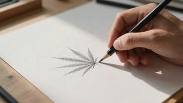 Extreme close-up overhead view of a drawing in progress on a wooden studio table, a hand holding a graphite pencil resting at the edge of a mark, fine pencil dust visible on the paper surface, early morning natural light from the left, no faces, no cannabis imagery, tools and paper only