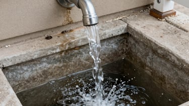 An aerial view of a wastewater treatment facility featuring eight large, rectangular sedimentation tanks arranged in two rows. Each tank contains circulating water, likely part of the treatment process. The tanks are surrounded by green grass, giving a structured and organized appearance.
