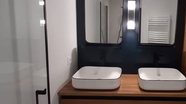 a bathroom with two sinks and a shower