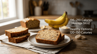 Freshly baked homemade banana bread loaf being sliced in a cozy kitchen with ingredients, illustrati
