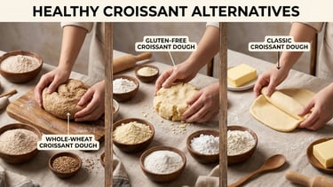 Whole-wheat and gluten-free croissant dough options shown for healthier, lower-calorie croissants