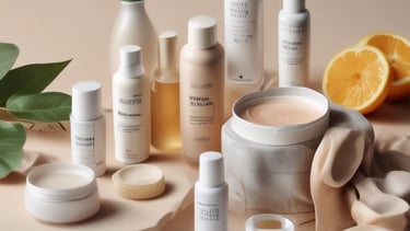 A neatly arranged collection of luxury skincare products placed inside an elegant white leather bag. The items are set against a backdrop of fashion magazines on a wooden surface, giving a sense of sophistication and style.