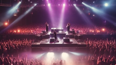 A beautifully arranged outdoor event featuring long tables adorned with floral centerpieces. The tables, covered in white tablecloths, are lined with wooden chairs. In the background, groups of people gather under large white umbrellas in a sunlit setting surrounded by trees.