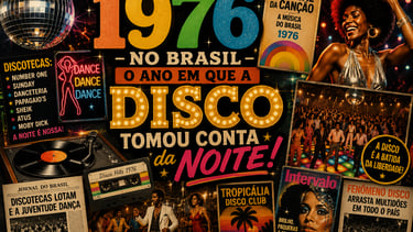 Vintage 1970s disco music poster featuring a mirror ball, vinyl records, and vibrant Brazilian club culture imagery.
