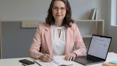 Michelli está usando um blazer e está em um escritório com um caderno fazendo anotações.