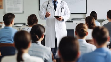 A person wearing a protective face mask and a stethoscope around their neck stands outdoors. The individual is dressed in a light-colored medical coat, suggesting they are a healthcare professional. The background is out of focus, with dark and green tones.