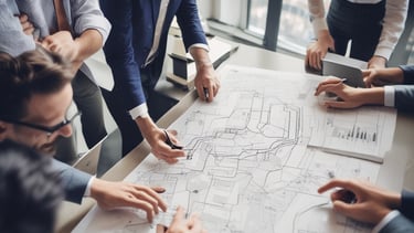 Black 3D text displays the phrase 'Working together to find innovative Solutions' against a geometric background with white, yellow, light blue, and dark blue areas.