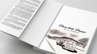 primeira página de um livro com uma ilustração de uma kombi