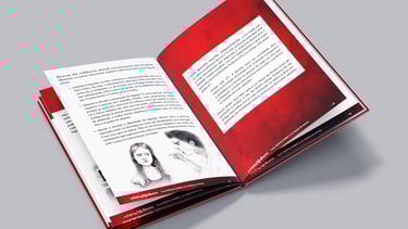 Livro aberto, projeto gráfico exclusivo, diagramação com ilustração de homem e mulher