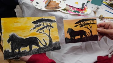 Lion Art and craft; Africa sun rise background, and acacia tree