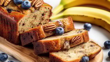 a loaf of banana-bread with pecans and blueberries