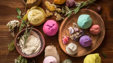 a variety of scented stones on a wooden table