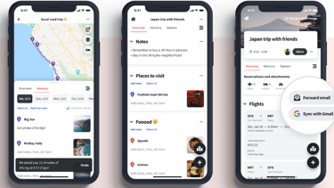Carnet de voyage numérique pour un guidagethree iphones with different images of different locations