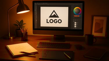 Bureau de travail d'un graphiste : l'ordinateur affiche Adobe illustrator : création de logo