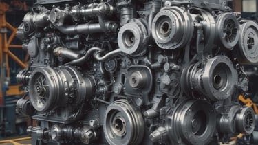 Several automated cargo trucks carrying shipping containers are lined up on a concrete port terminal. Numerous colorful stacked containers are visible in the background, suggesting a busy port. The ground is marked with shadows and tire tracks.