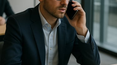 a man in a suit and glasses talking on a cell phone