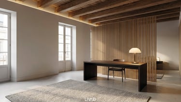Minimalistisches Home Office mit Holzlamellenwand und Holzbalkendecke