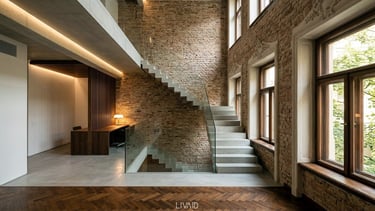 Moderne Betontreppe in saniertem Altbau mit Sichtmauerwerk