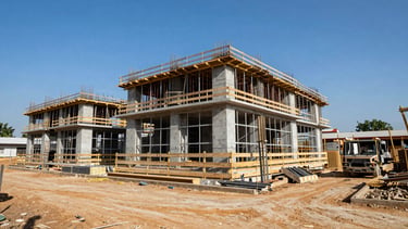 Crisp corporate photography of an active construction site in Cameroon, bright natural daylight, high contrast, wide environmental framing, 35mm