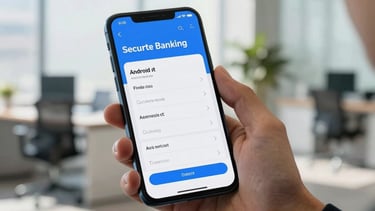A crisp, high-quality photograph of a professional in a modern North American office setting holding a sleek Android smartphone. The screen displays a secure banking app interface with blue and white accents. The background is a bright, sunlit corporate interior with soft-focus furniture. The lighting is clean and natural, emphasizing a sophisticated and secure financial environment.