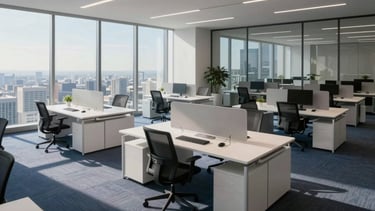 A clean, high-angle wide shot of a modern tech-forward office interior in a North American / International city during daytime. The composition features minimalist furniture in off-white, large glass windows reflecting soft light blue sky, and a professional workspace that embodies innovation. The lighting is bright and airy with deep dark blue shadows providing a sophisticated contrast.