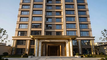 Symmetrical architectural shot of a delivered luxury residential tower with brushed brass accents and marble lobby entrance under golden hour light