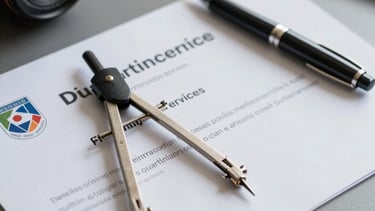 Close-up of a professional certificate on a modern desk, with an engineering compass and a high-end pen, representing the quality of the training services provided.