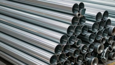 Photography of a high-tech logistics warehouse with organized stacks of industrial steel pipes and components. The lighting is clean and bright, highlighting the quality of supplied materials.