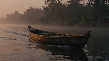 Cinematic film still of a traditional wooden boat cutting through misty Kerala backwaters at dawn, low-key dramatic lighting, 2.39:1 aspect ratio.