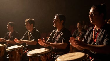 Cinematic film still of traditional percussionists performing under warm theater projection lamps, dust motes floating in dark haze.