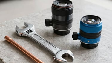 A high-end, clean photograph of professional plumbing equipment, including a chrome wrench and copper pipes, neatly arranged on a light grey stone surface. Soft daylight illuminates the scene in a modern Western European / French architectural setting. Colors include shades of charcoal and ocean blue.