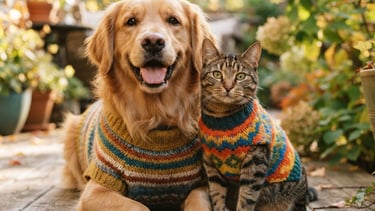 Golden Retriever dog and tabby cat wearing matching colorful knit sweaters outdoors in autumn.