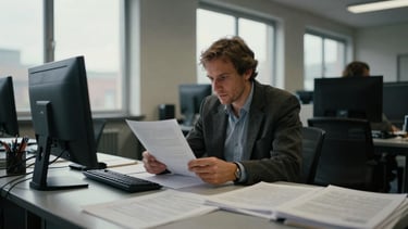 A candid photojournalism shot of an editor analyzing proofs in a dimly lit newsroom, overcast light filtering through high windows, 35mm documentary style.