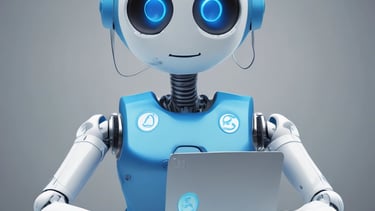 A small, white humanoid robot with blue accents, including eyes, mouth, and a circular badge with the letters 'AI' on its chest, is positioned in front of a blue laptop on a metallic surface. The robot has a simple, smooth design with two cylindrical arms and a small antenna on top.