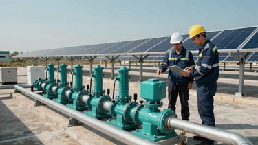 A wide photography shot of a professional engineer in professional attire inspecting a large-scale solar-powered water pumping station in a sunlit International / Professional environment. The scene features clean lines of solar panels and polished steel pipes against a clear sky, using a palette of dark teal, muted cyan, and light grayish blue.