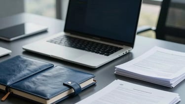 A high-end professional desk setting in a modern South American / Brazilian office. On the desk, a slim laptop, a leather-bound planner, and a neat stack of white business documents. The lighting is soft and natural, coming from a large window. The color palette features deep navy and slate blue accents, conveying efficiency and organized administrative support.