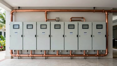 Meticulously organized mechanical room of a luxury estate, neatly labeled copper plumbing pipes, clean electrical panels, professional industrial-grade engineering