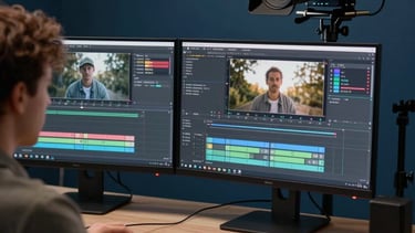 Over-the-shoulder shot of a person editing video on a dual-monitor setup in a North American studio. Professional equipment and soft navy blue lighting.