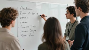 Professional photographer capturing a team brainstorming session around a digital whiteboard in a bright, modern studio in France.