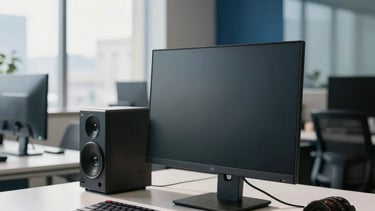 Professional South American / Brazilian office setting with a bright and modern tele-attendance workspace. A clean desk featuring high-end communications equipment, with soft morning sunlight filtering through large windows. The background is a blurred office interior in navy blue and steel blue tones, conveying reliability and efficiency.