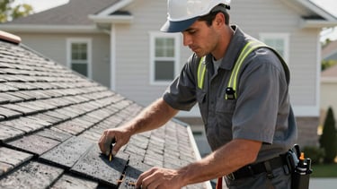 High-quality photography of a professional roofing contractor in a slate gray uniform and safety gear, meticulously examining the asphalt shingles on a modern residential roof in a North American suburb. The lighting is bright and clear morning light, emphasizing professionalism and modern efficiency. The house in the background has off-white siding.